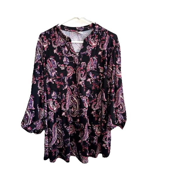 Avenue 22/24 2X Floral Paisley Tunic Soft Henley Blouse Roll Tab Sleeve Boho - Picture 1 of 9